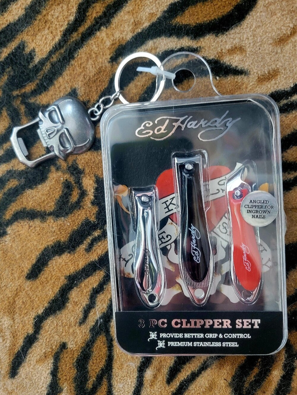 Ed Hardy Mens 3-Piece Nail Clipper Set - W Bottle Opener Key Chain Ea.